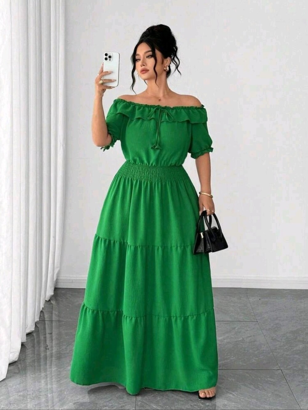 Emerald Off-Shoulder Tiered Maxi Dress - Vibrant Color